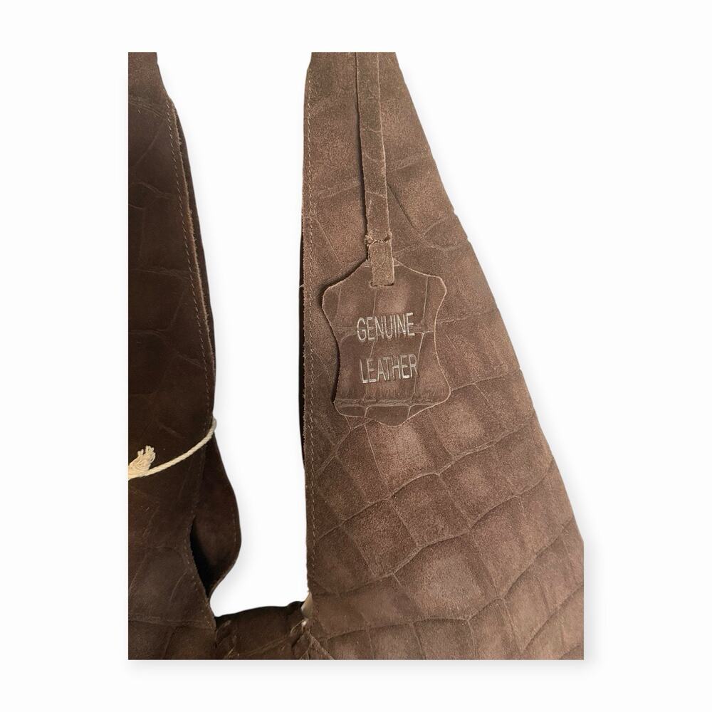 Haute Hippie Triangle Hobo Bag Brown Croc-Embossed Suede Leather Shoulder Purse - Picture 8 of 9